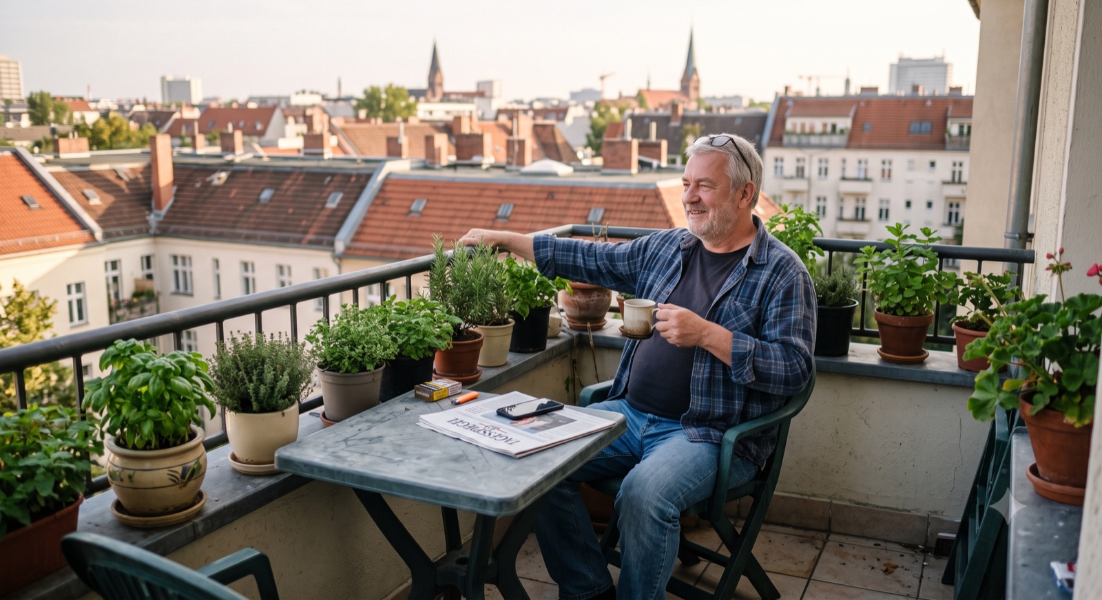 Mann entspannt auf dem Balkon