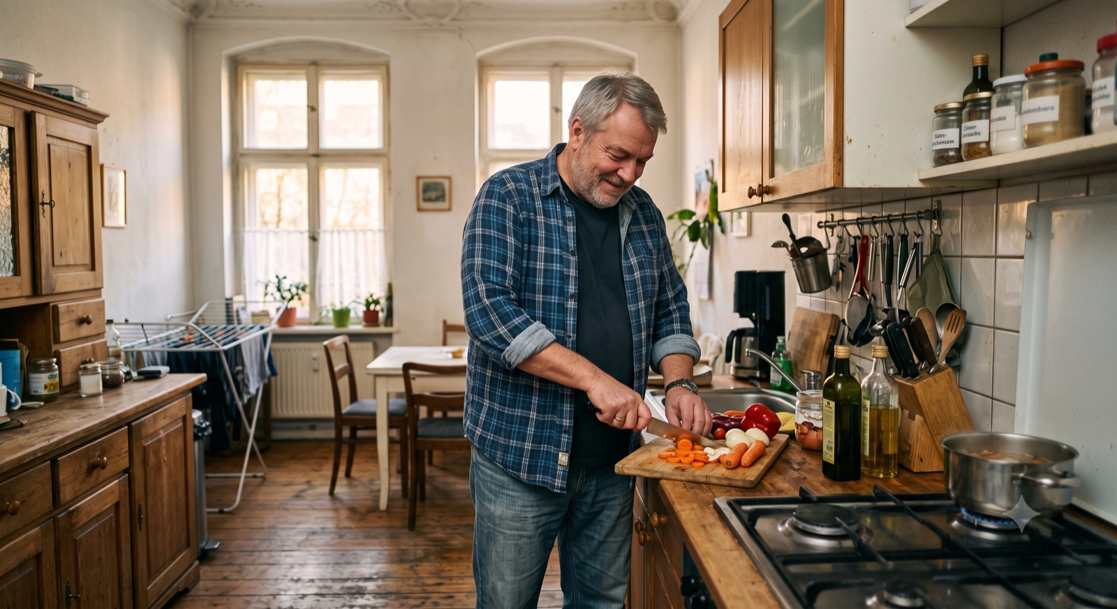 Mann kocht frisch in seiner Küche